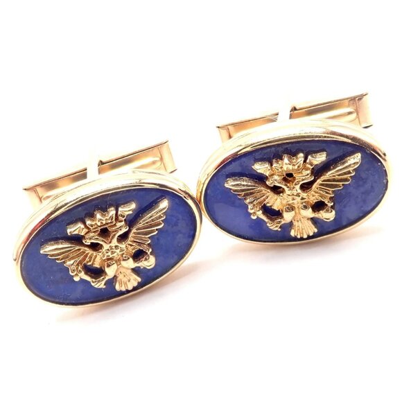 Authentic! Franklin Mint Faberge Imperial Eagle 14k Yellow Gold Lapis Cufflinks - Picture 8 of 9